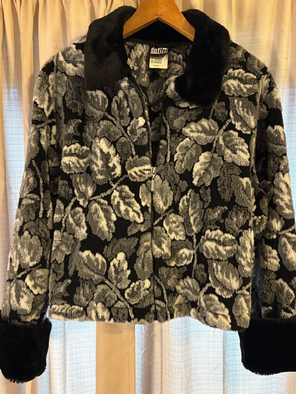 Vintage Y2K Duffle Floral Faux Fur Jacket Black Gray Size Large